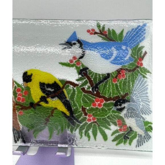 Peggy Karr Signed '05 Fused Glass Birds Holly Winter Design Approx 10"x 6" - Picture 7 of 11